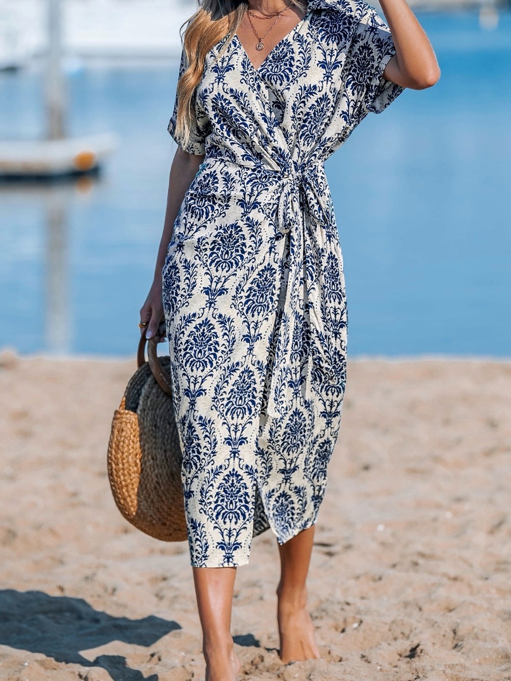 NWT CupShe Women's Blue & White Printed Wrap Cover-Up Dress